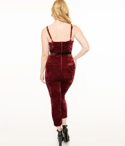 Unique Vintage 1950s Burgundy Crushed Velvet Cropped Jumpsuit