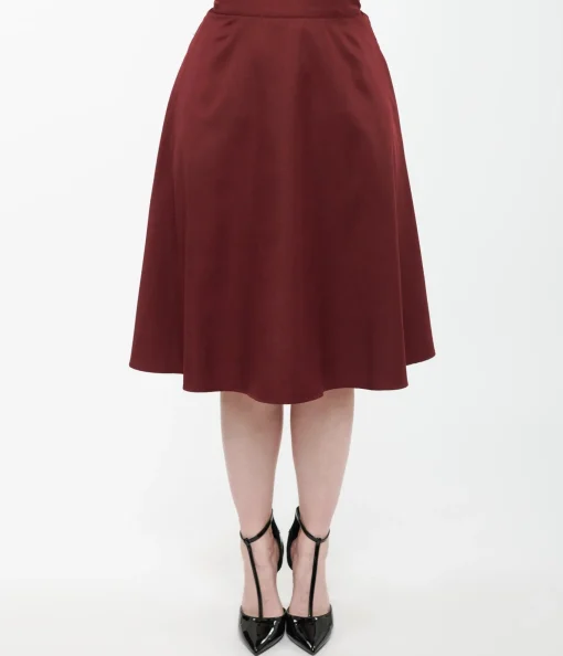 Unique Vintage 1950s Burgundy High Waist Vivien Swing Skirt