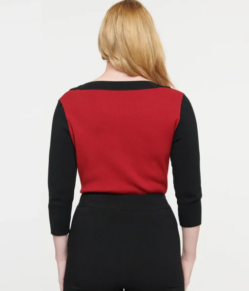 Unique Vintage 1950s Burgundy & Black Cat Sleeve Minou Sweater