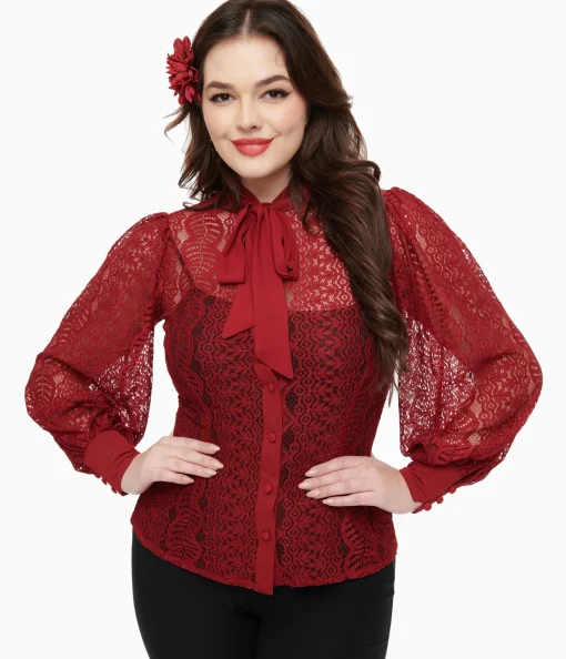 Unique Vintage 1940s Burgundy Lace Gwen Blouse
