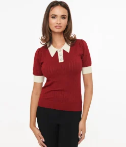Unique Vintage 1950s Burgundy & Rhinestone Buttons Prim & Pretty Sweater