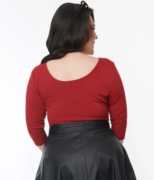 Unique Vintage 1970s Burgundy Surplice Bodysuit