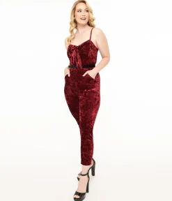 Unique Vintage 1950s Burgundy Crushed Velvet Cropped Jumpsuit
