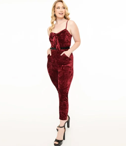 Unique Vintage 1950s Burgundy Crushed Velvet Cropped Jumpsuit