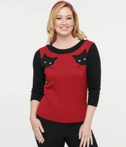 Unique Vintage 1950s Burgundy & Black Cat Sleeve Minou Sweater