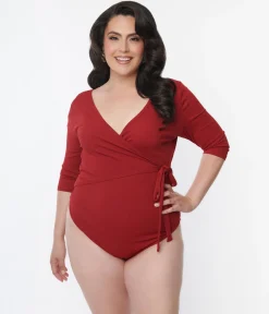 Unique Vintage 1970s Burgundy Surplice Bodysuit