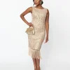 Unique Vintage 1920s Champagne Sequin & Pearl Sleeveless Flapper Dress