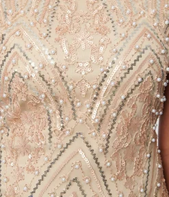 Unique Vintage 1920s Champagne Sequin & Pearl Sleeveless Flapper Dress