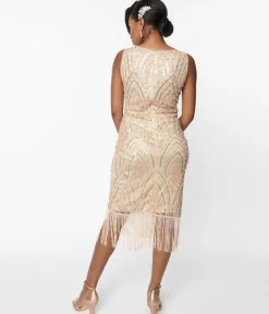 Unique Vintage 1920s Champagne Sequin & Pearl Sleeveless Flapper Dress