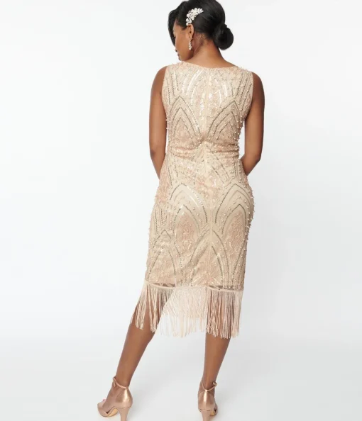 Unique Vintage 1920s Champagne Sequin & Pearl Sleeveless Flapper Dress