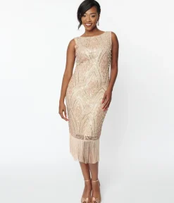 Unique Vintage 1920s Champagne Sequin & Pearl Sleeveless Flapper Dress