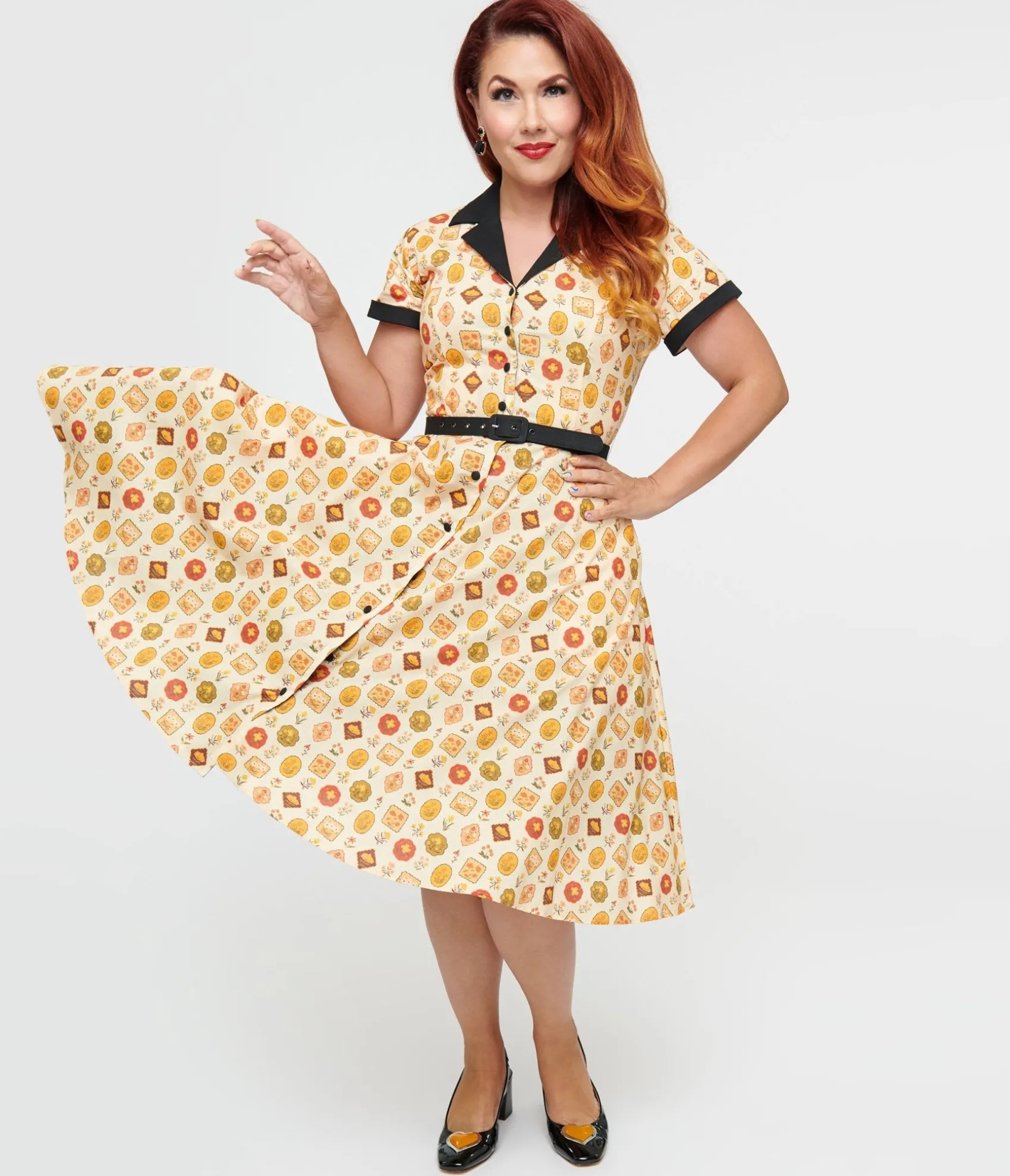 Unique Vintage 1950s Cream Floral Alexis Swing Dress