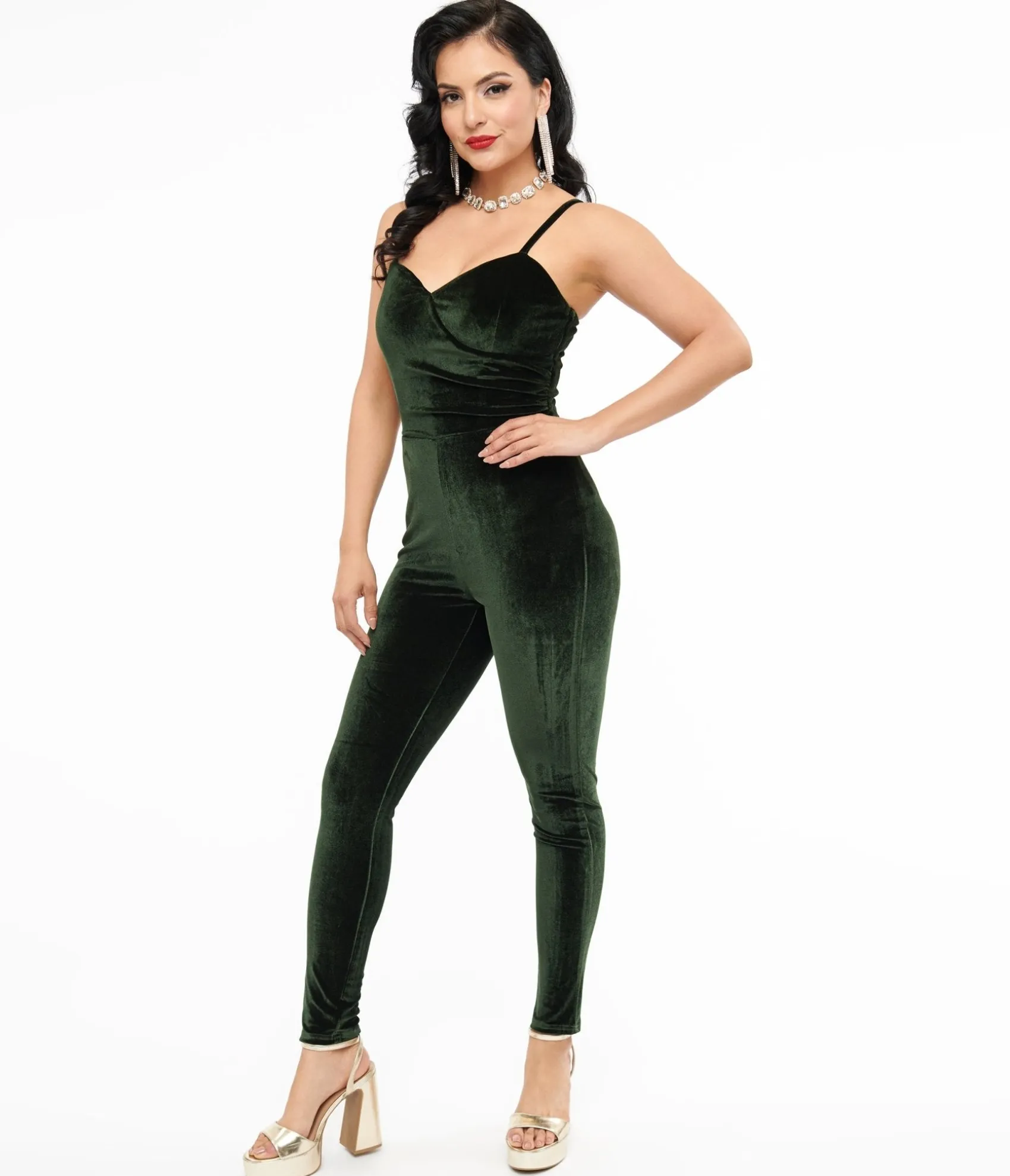 Unique Vintage 1970s Dark Green Velvet Jumpsuit