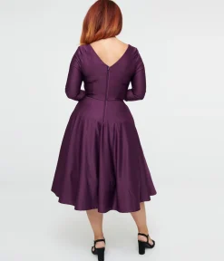 Unique Vintage 1950s Eggplant & Black Spiderweb Devon Swing Dress