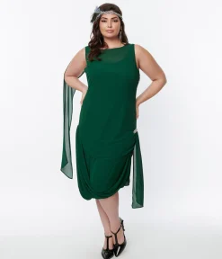Unique Vintage 1920s Emerald Green Draped Flapper Dress