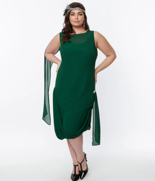 Unique Vintage 1920s Emerald Green Draped Flapper Dress