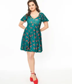 Unique Vintage 1950s Emerald & Cherry Print Poppy Flare Dress