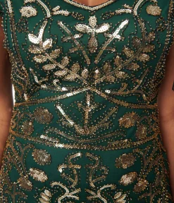 Unique Vintage 1920s Emerald & Gold Sequin Fringe Flapper Dress