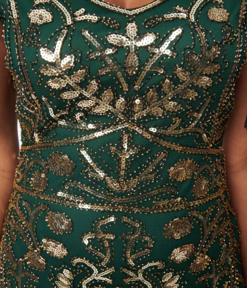 Unique Vintage 1920s Emerald & Gold Sequin Fringe Flapper Dress