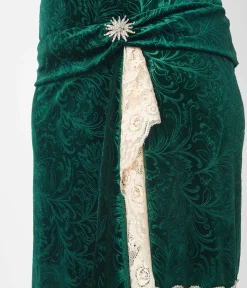 Unique Vintage 1920s Emerald Green Crushed Velvet & Ivory Lace Flapper Dress