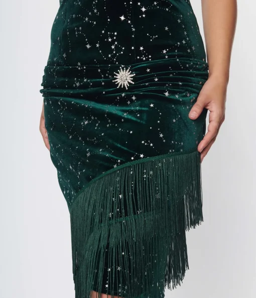 Unique Vintage 1920s Emerald Green Velvet Fringe Flapper Dress