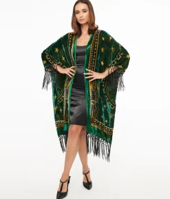 Unique Vintage 1930s Emerald & Gold Zodiac Burnout Velvet Fringe Kimono