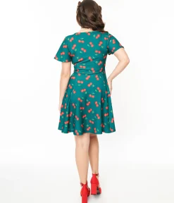 Unique Vintage 1950s Emerald & Cherry Print Poppy Flare Dress