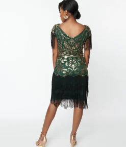 Unique Vintage 1920s Emerald & Gold Sequin Fringe Flapper Dress