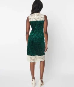 Unique Vintage 1920s Emerald Green Crushed Velvet & Ivory Lace Flapper Dress