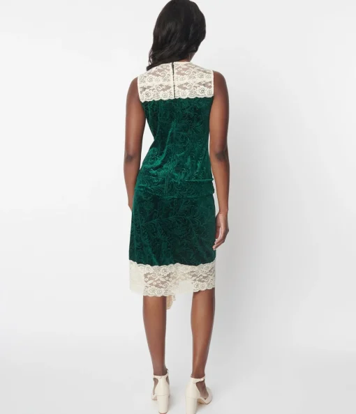 Unique Vintage 1920s Emerald Green Crushed Velvet & Ivory Lace Flapper Dress