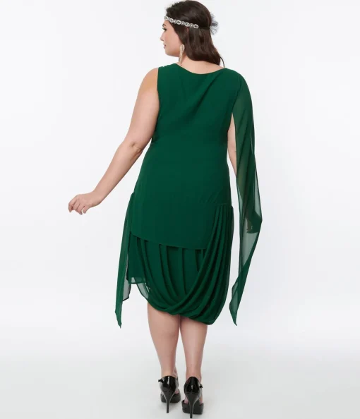 Unique Vintage 1920s Emerald Green Draped Flapper Dress