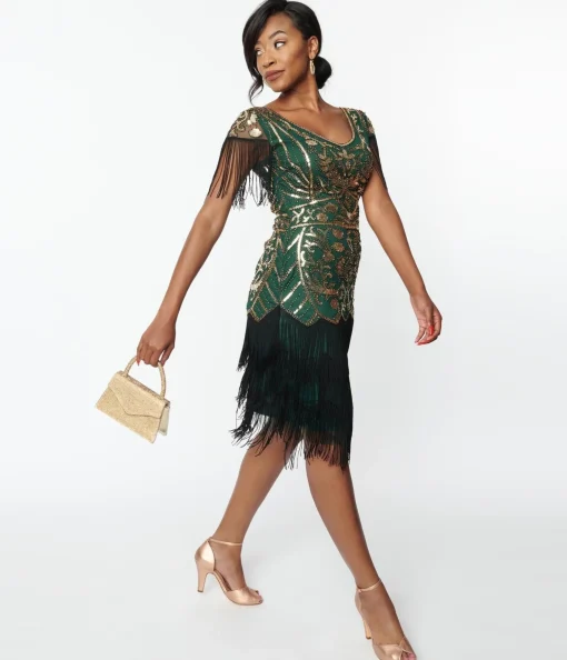 Unique Vintage 1920s Emerald & Gold Sequin Fringe Flapper Dress