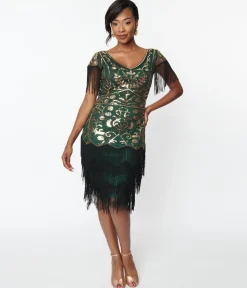 Unique Vintage 1920s Emerald & Gold Sequin Fringe Flapper Dress