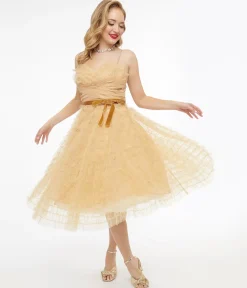 Unique Vintage 1950s Gold Glitter Tulle Cupcake Swing Dress