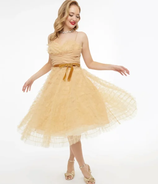 Unique Vintage 1950s Gold Glitter Tulle Cupcake Swing Dress