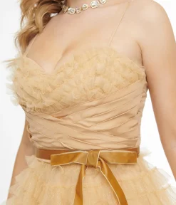 Unique Vintage 1950s Gold Glitter Tulle Cupcake Swing Dress