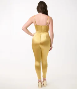 Unique Vintage 1970s Gold Spandex Belted Jumpsuit