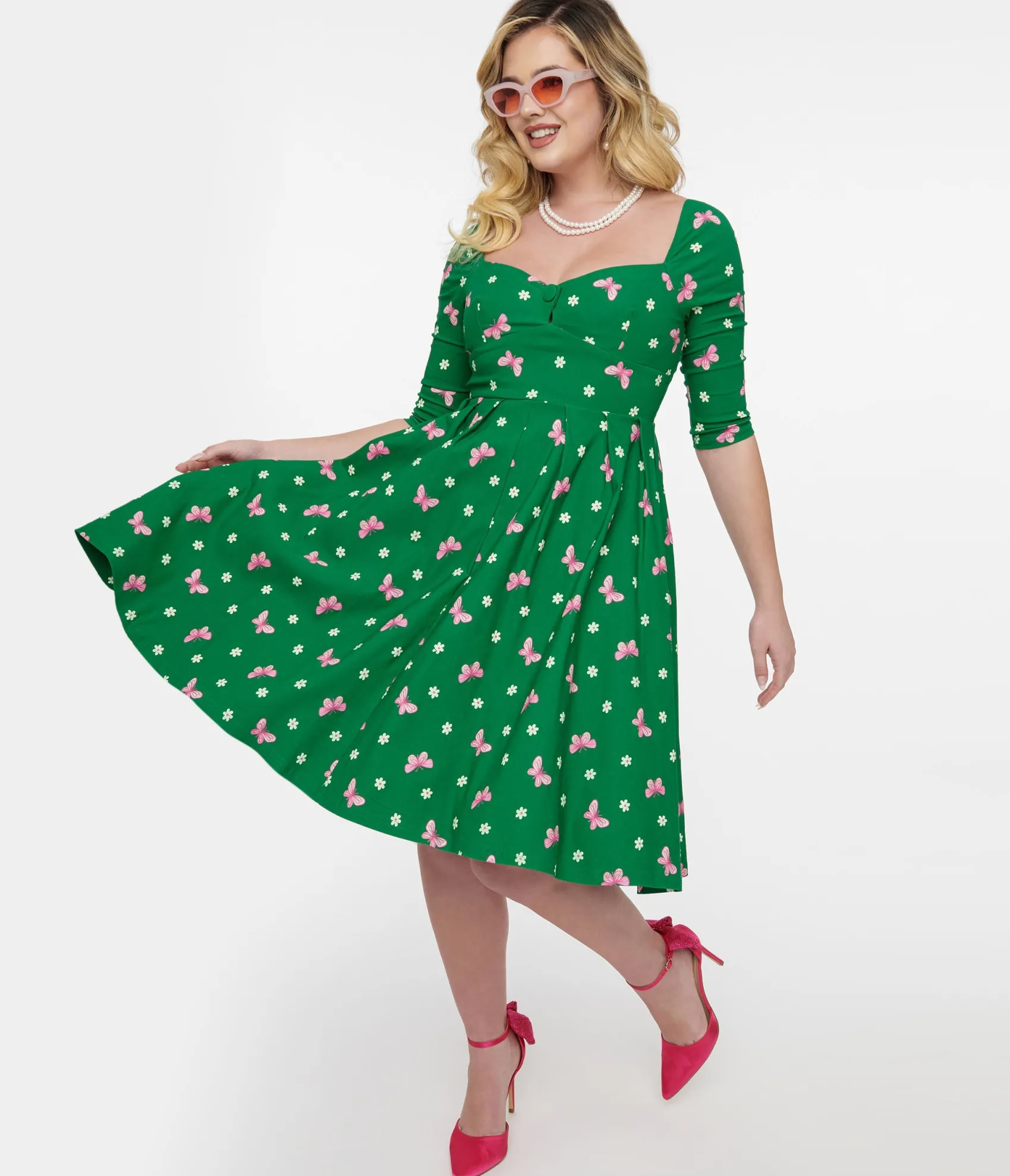 Unique Vintage 1950s Green & Butterfly Stamp Print Lamar Swing Dress