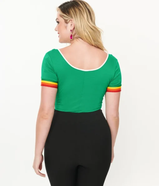 Unique Vintage 1970s Green & Rainbow Heart Surplice Bodysuit