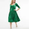 Unique Vintage 1950s Green & Silver Snowflake Velvet Lamar Swing Dress
