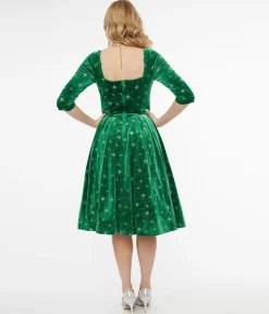 Unique Vintage 1950s Green & Silver Snowflake Velvet Lamar Swing Dress