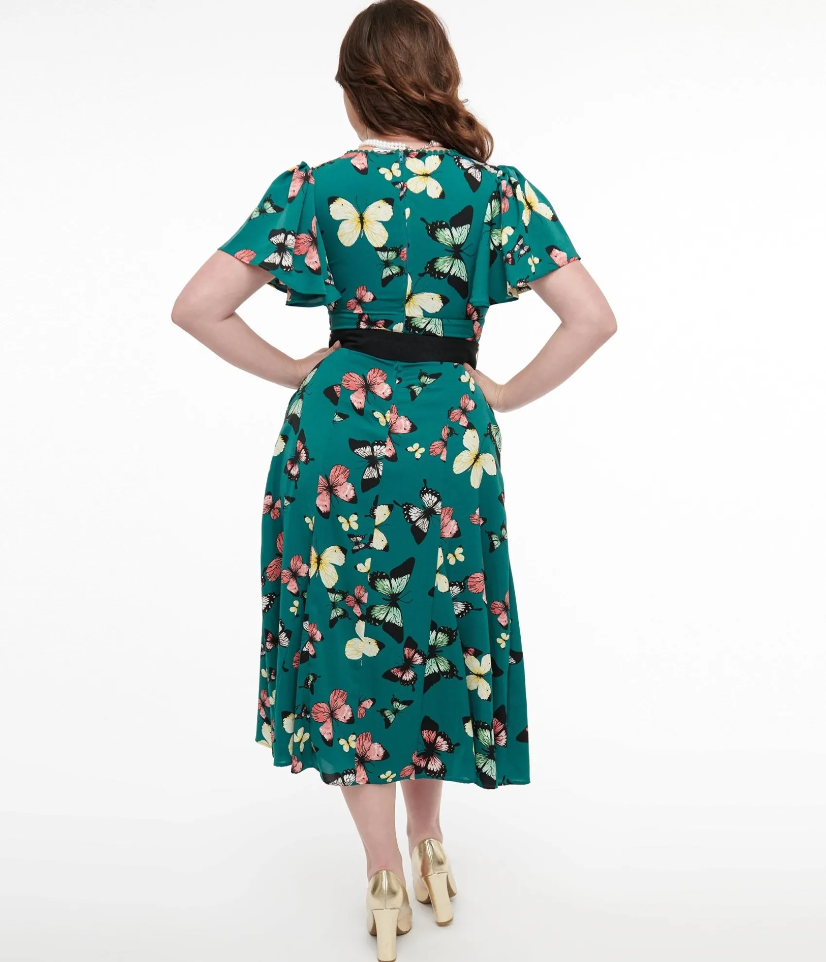 Unique Vintage 1940s Green Butterfly Print Midi Dress