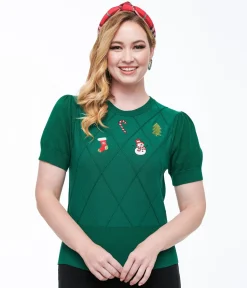 Unique Vintage 1950s Green Christmas Embroidered Sweater