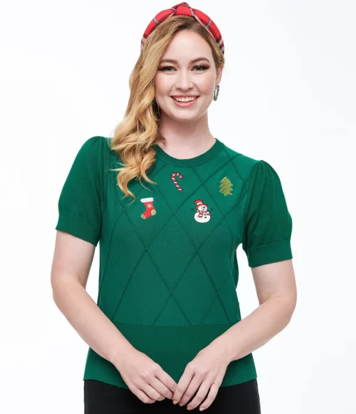 Unique Vintage 1950s Green Christmas Embroidered Sweater