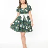 Unique Vintage 1950s Green Leaf & Llama Print Cotton Dakota Flare Dress