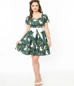 Unique Vintage 1950s Green Leaf & Llama Print Cotton Dakota Flare Dress