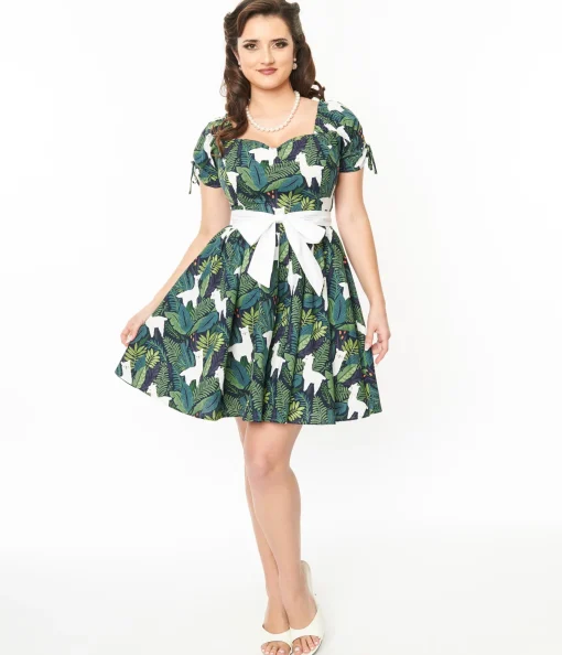 Unique Vintage 1950s Green Leaf & Llama Print Cotton Dakota Flare Dress