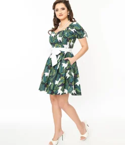Unique Vintage 1950s Green Leaf & Llama Print Cotton Dakota Flare Dress