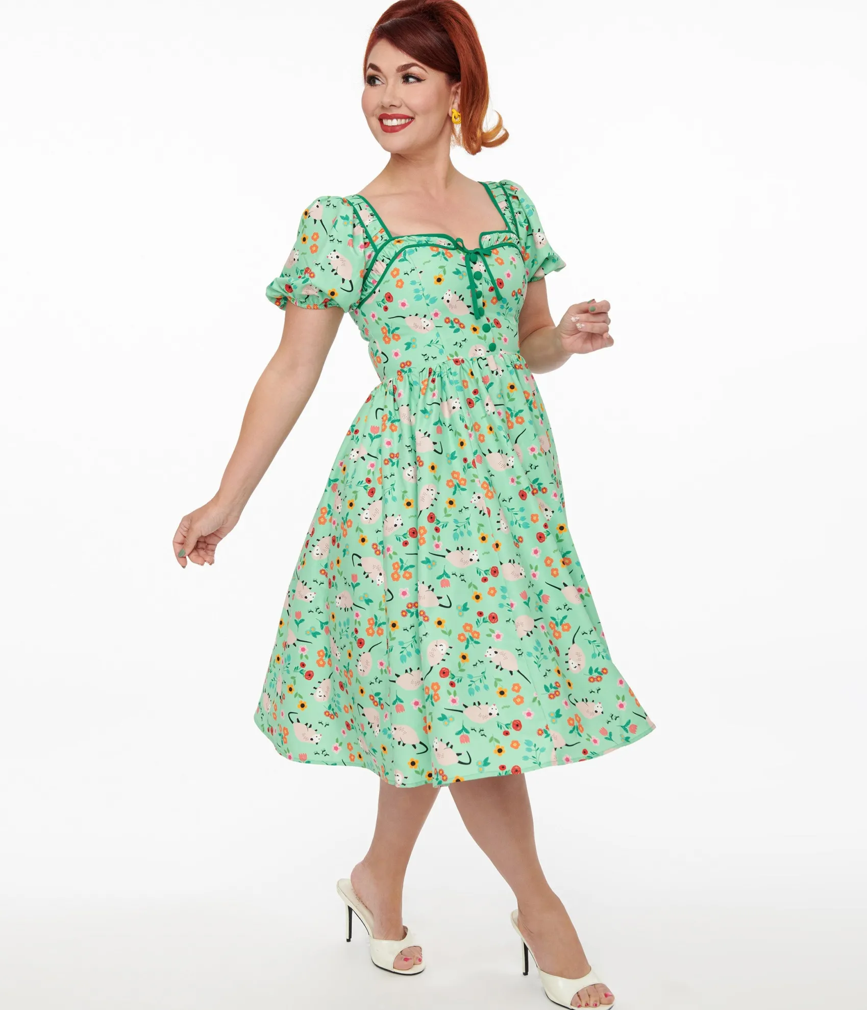 Unique Vintage 1940s Green Possum Print Button Front Dress