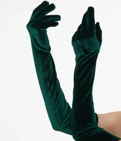 Unique Vintage 1950s Green Velvet Elbow Length Gloves